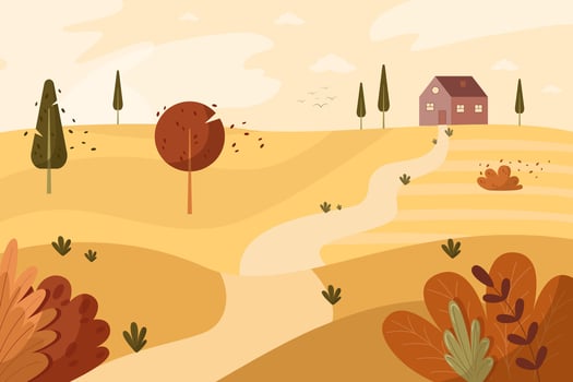 Autumn landscape in flat style, house on the horizon vector