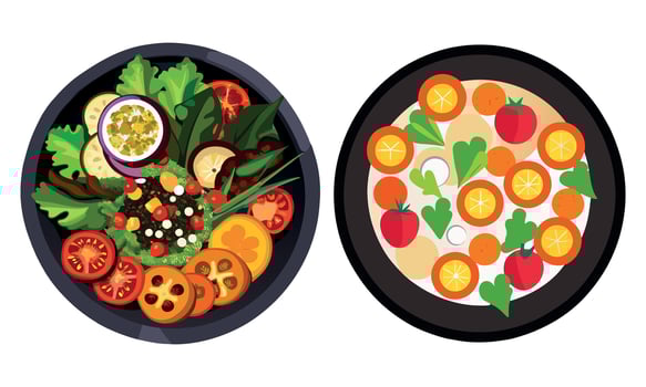 Two plates with different types of vegetables and fruits vector