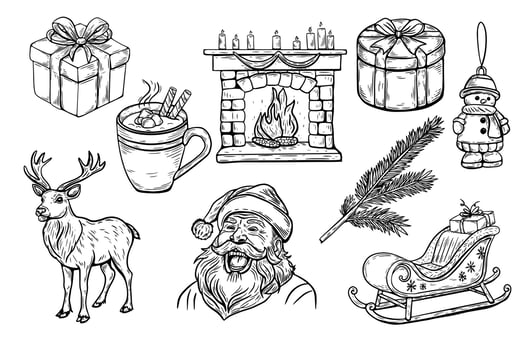 Merry christmas set,vintage style sketch, line drawing black and white. Santa, reindeer, sleigh, gifts and other elements. vector