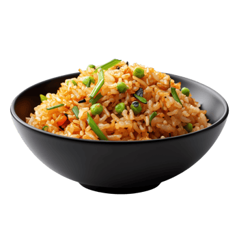 Delicious fried rice with vegetables in a sleek black bowl, perfect for Asian cuisine enthusiasts. isolated on transparent background png