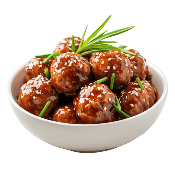 Delicious meatballs in a bowl topped with sesame seeds and chives isolated on transparent background png