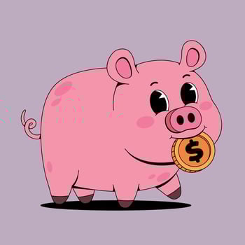 Cute pig biting gold coin vector