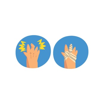 Finger injury, medical bandage wrapped around hurt human hand, sprain and first aid Illustration on a white background vector