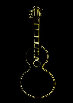 A neon outline of a guitar displays a striking contrast against a solid black background, creating an eye catching visual effect vector