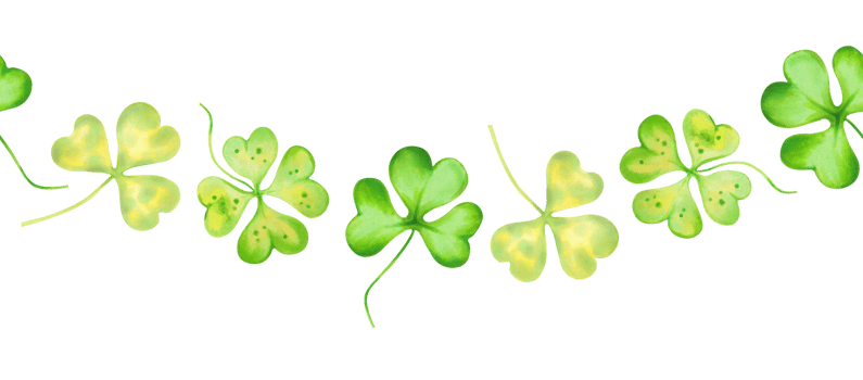 Horizontal seamless border with shamrock and four leaf clover petals.Watercolor and marker illustration.Hand drawn Irish symbol for St. Patrick's Day.Isolated design element for packaging,web banner. png