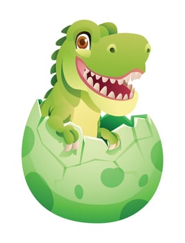 Baby Tyrannosaurus Rex smiling and hatching from a cracked egg. Cartoon illustration vector