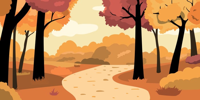 Autumn forest landscape with path. Sunny day in forest Fall valley environment scene with tree, shrub, grass and road. vector