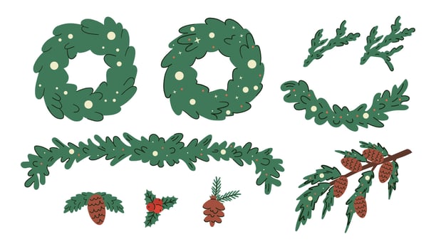 Set of Christmas wreaths and fir branches. Christmas decoration for door. Flat illustration. vector
