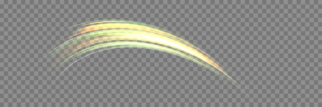 Neon realistic energy speed. Glowing green and orange lines. Abstract light effect vector
