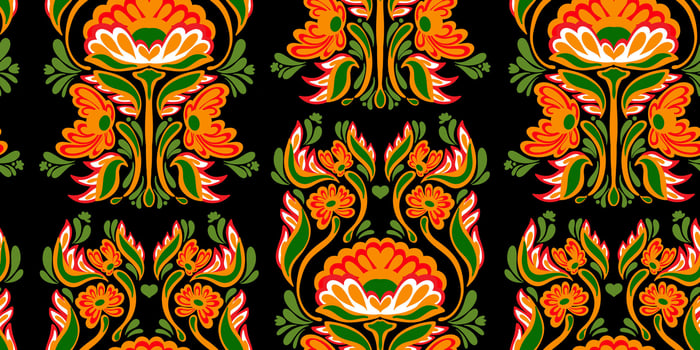 a pattern with orange, green and red flowers on black vector