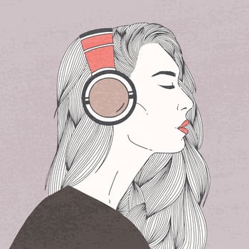 Profile portrait of gorgeous long-haired young woman with closed eyes wearing headphones. Beautiful girl or lady listening to music. Side view. Hand drawn illustration in realistic style. vector