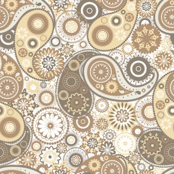 Motley paisley seamless pattern with folk buta motif. Backdrop with yellow and brown mehndi elements on white background. Colorful illustration for fabric print, wallpaper, wrapping paper. vector