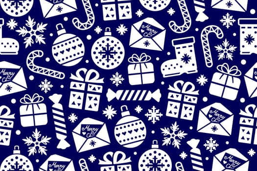 Blue and white seamless Christmas pattern. New Year repeating pattern wit candy, gift boxes, snowflakes, Christmas balls and letters. vector