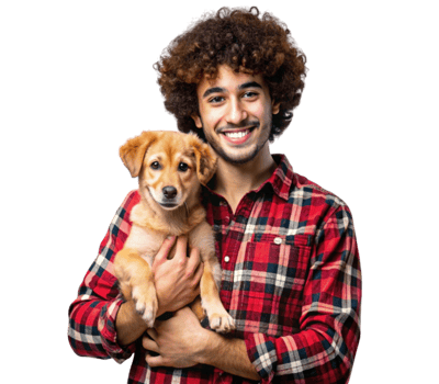 Smiling man holding adorable puppy against transparent background png
