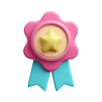 A vibrant 3D-rendered badge featuring a yellow star in the center with a pink border and blue ribbons, set against a transparent background. png