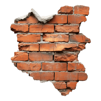 Collapsed weathered red brick wall showing extensive cracks and deterioration over time, Ruined, collapsed, cracked, or broken weathered red brick wall transparent background png
