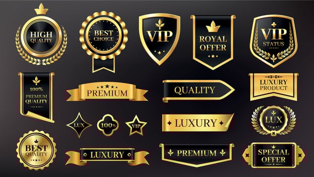 Golden luxury labels. Premium quality badges with golden stars and ribbons for product rating. Shiny stickers and seal for certificate set vector