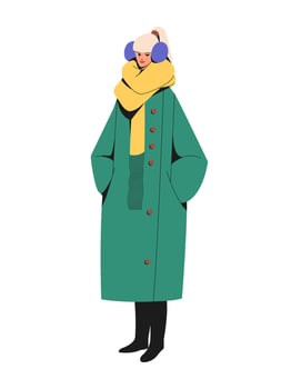 Fashion woman in trendy winter autumn outfit. Young stylish woman wearing modern casual clothes. Full-body fashionable female look. Standing character in a coat flat illustration. vector