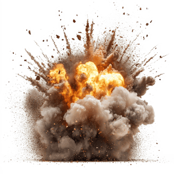 Powerful explosion isolated on a transparent background showcasing fiery eruption and debris, explosions and real isolated on transparent background png