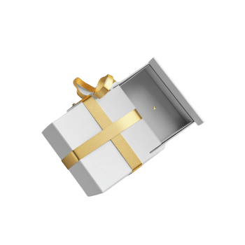Elegant transparent gift box with a gold ribbon surrounded by shiny confetti on a light background, transparent color open gift box with gold ribbon isolated png