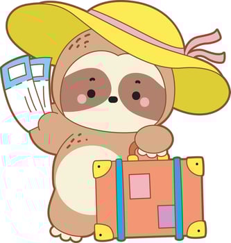 A sloth bring a travelling bag and ticket plane. Cute sloth icon. Funny baby sloth animal series stock illustration. Slow life of fluffy sloth designs. vector