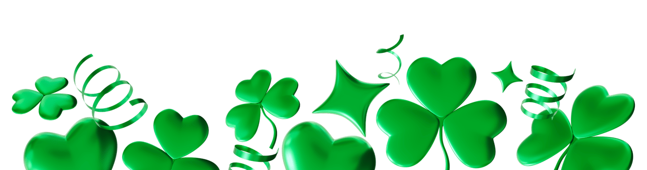 St. Patrick's Day themed footer design featuring vibrant green clovers, hearts, stars. This festive graphic element is perfect for digital projects, banners, event decorations. Irish culture. 3D. png