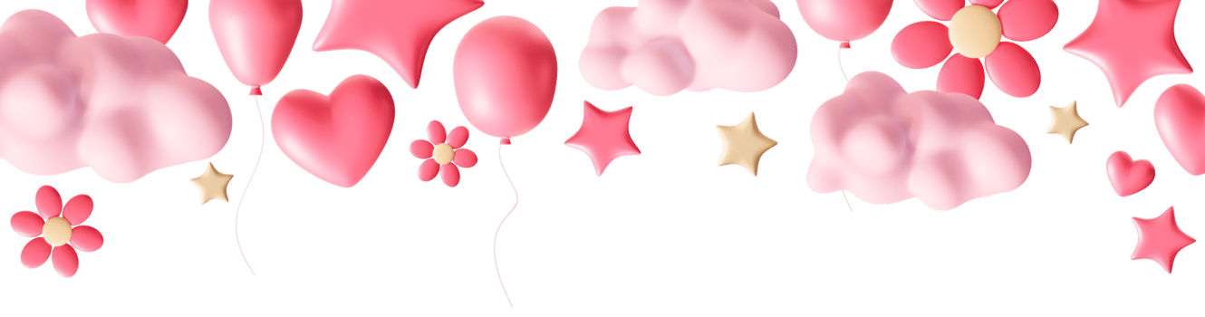 Adorable Its a Girl themed header design featuring pink hearts, flowers, stars, and balloons. Perfect for baby shower invitations, birth announcements, and celebrations. Top border. Foreground. 3D. png
