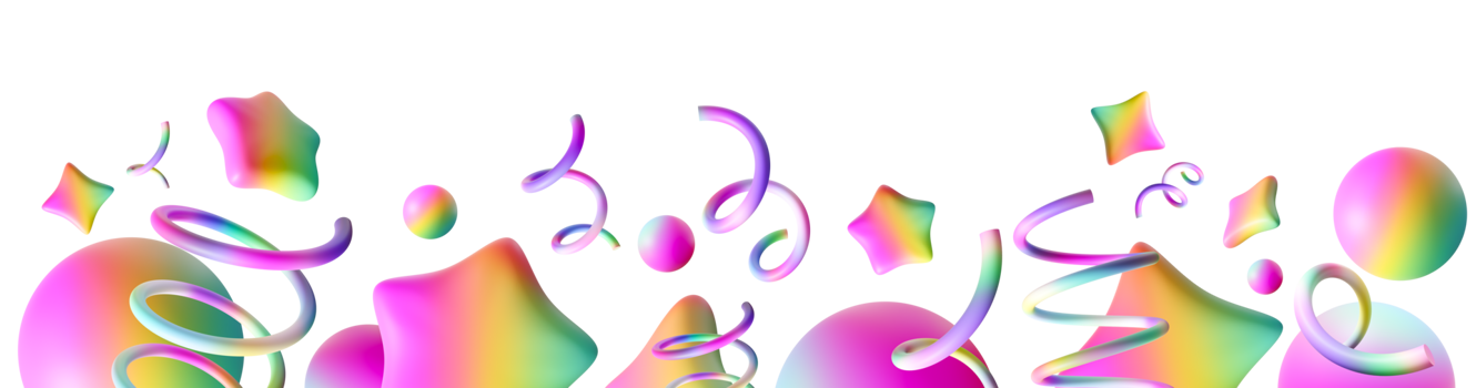 Vibrant, playful footer featuring colorful iridescent stars, spirals and spheres. This lively and festive graphic adds cheerful and dynamic touch to party invitations, banners and digital designs. 3D. png