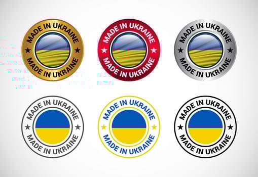 Made in Ukraine label icon with flag. Icon set for business, badge, seal, sticker, logo, and symbol vector