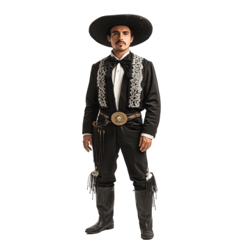 A Mexican man in a traditional Charro suit with striking black boots poses for a cultural showcase, a mexican man wear Charro suit with black boot isolated on transparent background png