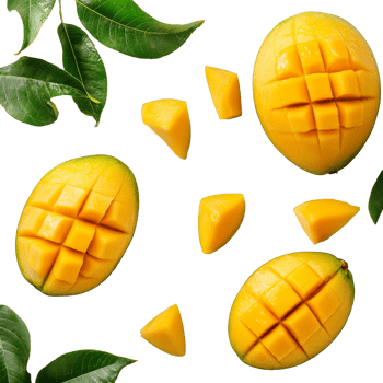 Fresh organic mango cut into cubes, garnished with leaves on a clean transparent background for a vibrant display, Fresh organic mango on a transparent background png