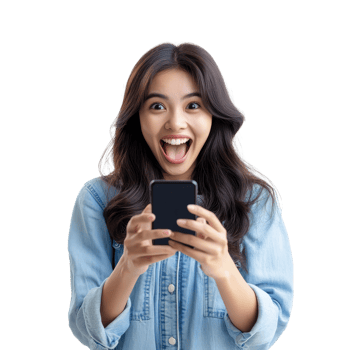 Excited Asian woman joyfully engaging with her smartphone in a bright indoor environment, Excited Asian woman using mobile smartphone isolated transparent background png