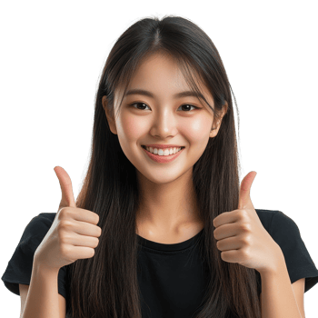 A happy Asian girl gives a thumbs up and smiles brightly, enjoying a moment of joy and positivity in her day, Happy beautiful Asian girl thumbs up and smiling isolated on transparent background png