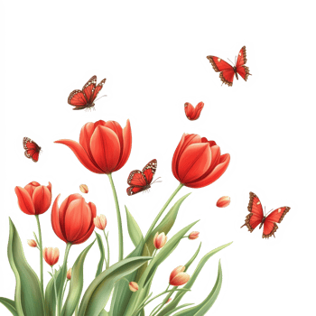 A vibrant display of red tulips and fluttering butterflies on a bright transparent background celebrating springtime beauty, red tulips and butterflies isolated on transparent background png