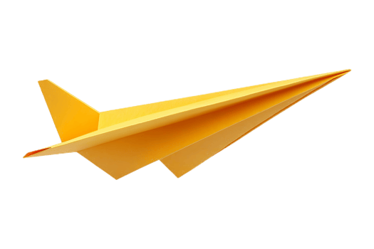 Floating yellow paper airplane isolated on transparent background. png