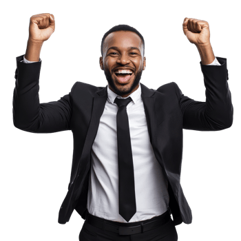 Cheerful businessman celebrating success with joyful expressions and raised arms in a professional setting, PNG file no background Cheerful businessman celebrating with hands up