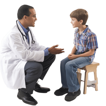 Doctor interacts with a young patient during a consult in a clinical setting, PNG file no background Doctor meeting a young patient