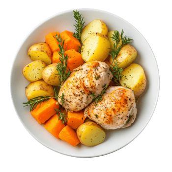 A nutritious meal with roasted chicken, carrots, and potatoes served on a transparent plate, Healthy meal with carrot, potatoes and chicken on transparent background png