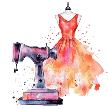A vibrant watercolor illustration featuring a sewing machine and a stunning orange dress design on a transparent background, fashion floral sewing illustration transparent background png