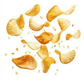 Flying ripple potato chips scattered against a clean transparent background create a fun, appetizing display, Flying ripple potato chips isolated transparent background png