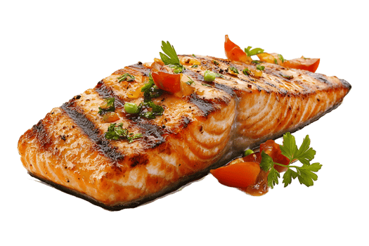 Grilled salmon steak isolated on transparent background. png