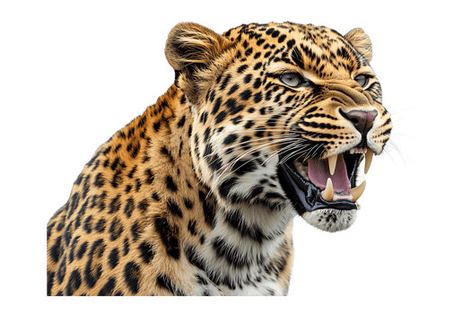 Portrait of a roaring leopard isolated on transparent background png