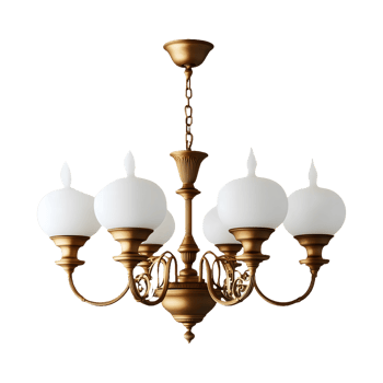 Antique Victorian Chandelier with Brass Finish and White Glass Shades Isolated on Transparent Background Great for Marketing Campaigns, Product Banners, and Decorative Displays. png