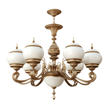 Exquisite Victorian Brass Chandelier with White Glass Shades Isolated on Transparent Background Perfect for Marketing Promotions, Product Banners, a png