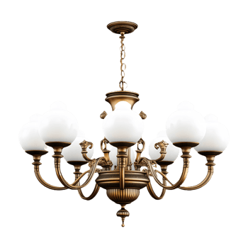 Timeless Antique Brass Victorian Chandelier Isolated on Transparent Background Featuring White Glass Shades, Perfect for Product Banners, Social Media Posts, and Marketing Promotions. png