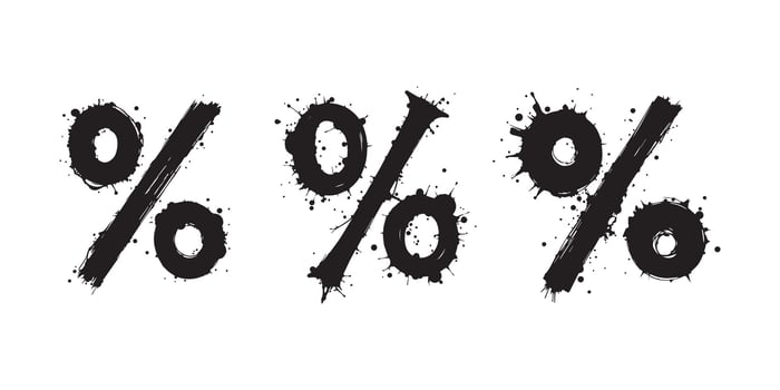 Black percentage symbols set in distressed grunge style on a white background vector