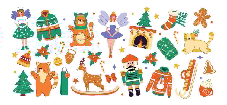 Holiday gifts. Happy New Year. Merry Christmas. Holly Jolly. December. Stickers. Set elements. Trendy collection. Hand drawn. Doodle. Cut out. Christmas tree branch, toys, food, candy. Flat. Isolated vector