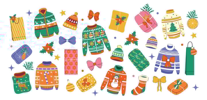 Holiday set of elements for Christmas and Happy New Year. Merry Christmas. December. Stickers. Trendy collection. Hand drawn. Doodle. Cut out. Paper, bows, decorations, Christmas tree branch, toys vector