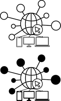 Web icons. Black and White Icons of Planet, Network, Computer Mouse Cursor, and Connected Gadgets. Programming and Coding Concept vector