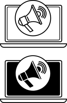 Marketing Icons. Black and White Icons of Laptop and Loudspeaker. Blogging, Sales, Advertising. Digital Marketing. Business and Social Media Concept vector